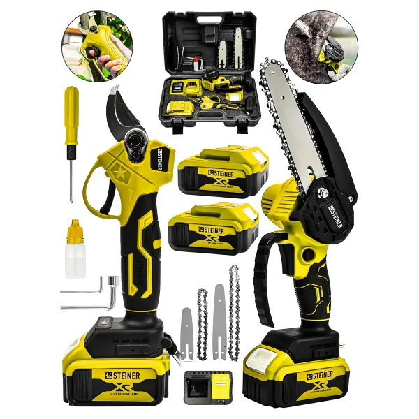 Steiner 18V Çift Akülü Çelik Şanzıman 35MM Dal Budama Makası & 15CM Budama Testeresi 2 Li Set Sarı - Görsel 3