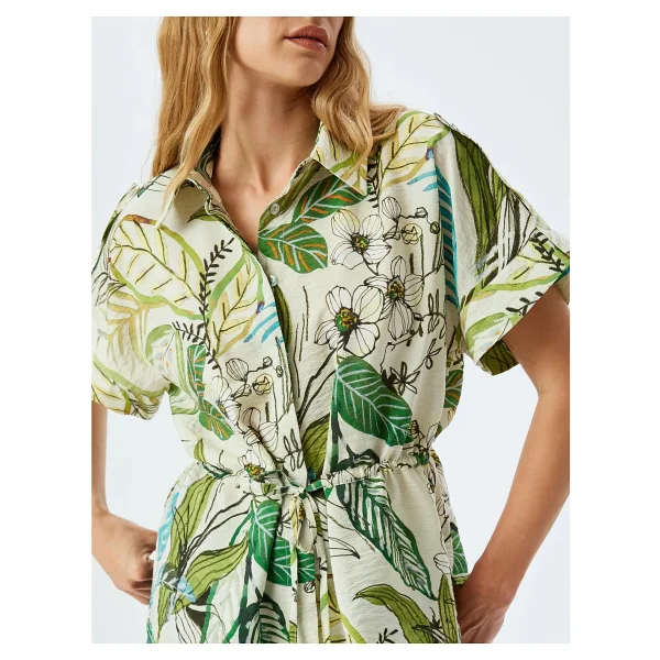 Koton Floral Desenli Beli Bağlama Detaylı Viskon Kısa Kollu Oversize Gömlek - Görsel 5