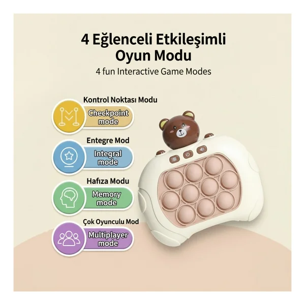 Bbsky Ayıcıklı Işıklı ve Sesli Pilli Popit Egitici Oyuncak Sevimli Push Pop Konsol 4 Farklı Oyun Modu - Görsel 4