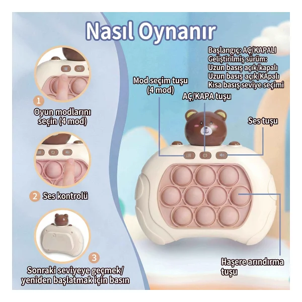 Bbsky Ayıcıklı Işıklı ve Sesli Pilli Popit Egitici Oyuncak Sevimli Push Pop Konsol 4 Farklı Oyun Modu - Görsel 3