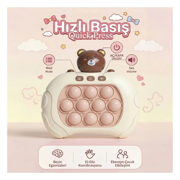 Bbsky Ayıcıklı Işıklı ve Sesli Pilli Popit Egitici Oyuncak Sevimli Push Pop Konsol 4 Farklı Oyun Modu - Görsel 5