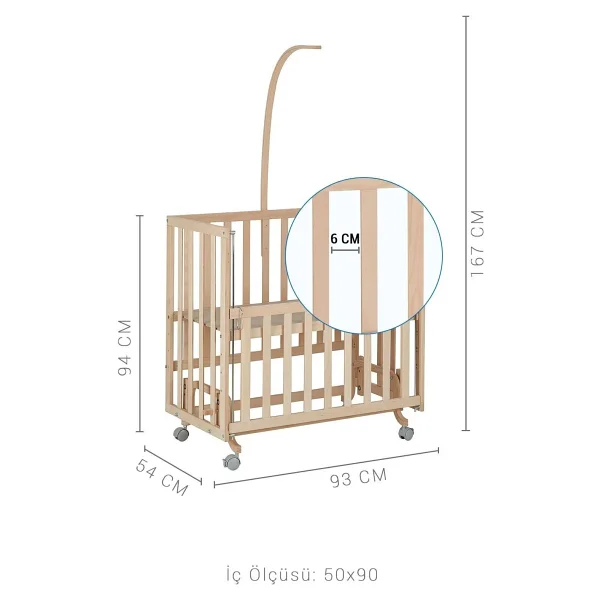 Babycom Anne Yanı Naturel Boyasız 50x90 cm Tekerlekli Ahşap Beşik - Görsel 3