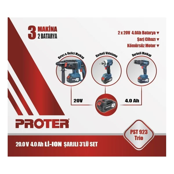 Proter PST 923 Trio Üç Akülü 4 Ah Kombo Set - Görsel 2