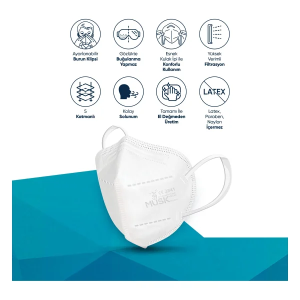 Musk FFP2/N95 Maske Beyaz Renk 100 Adet - Görsel 2
