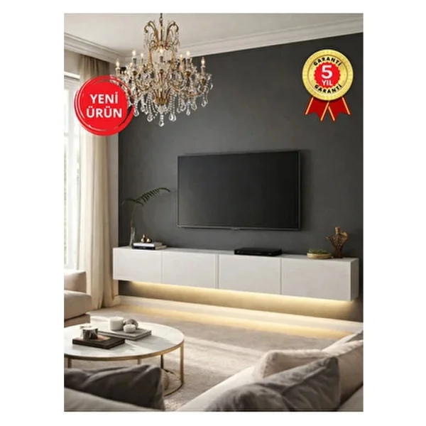 Dorpek Homeros Led'li Tv Sehpa & Ünitesi, Duvara Monte Tv Ünitesi Beyaz 240 cm - Görsel 9