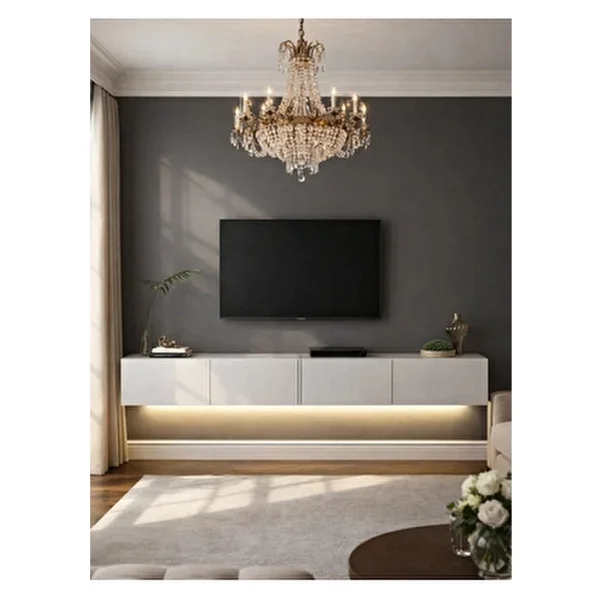 Dorpek Homeros Led'li Tv Sehpa & Ünitesi, Duvara Monte Tv Ünitesi Beyaz 240 cm - Görsel 2