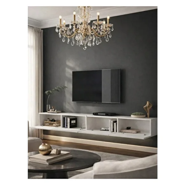 Dorpek Homeros Led'li Tv Sehpa & Ünitesi, Duvara Monte Tv Ünitesi Beyaz 240 cm - Görsel 3