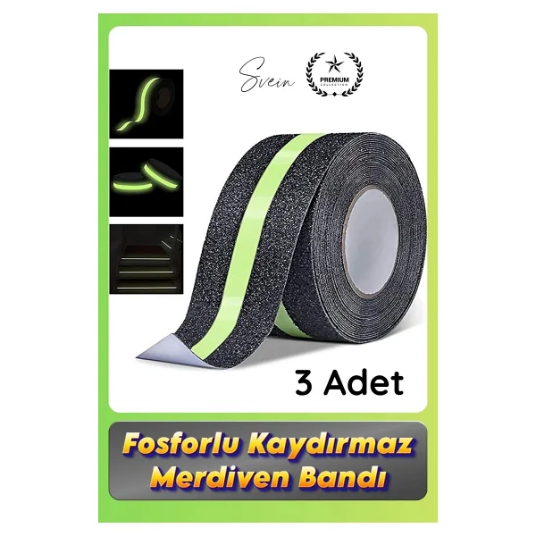 Svein #bant 3 Adet Fosforlu Kaydırmaz Merdiven Bandı 5 cm x 3 M Fotolümenli Yeşil Zemin Güvenlik Basamak - Görsel 6