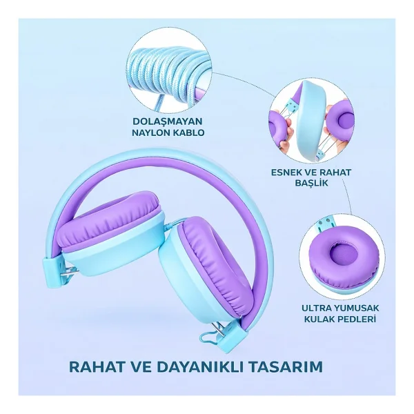 VEXORA GLOBAL Type-C Kablolu Kulaklık, Mikrofonlu, Yumuşak Kulak Pedli, Ayarlanabilir Başlık, Katlanabilir Tasarım, Tablet Laptop Telefon Pc ile Uyumlu, Çocuk ve Yetişkin Için Kulaklık, Mavi-Mor - Mav - Görsel 2