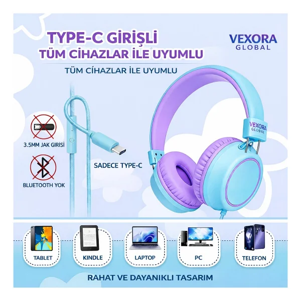 VEXORA GLOBAL Type-C Kablolu Kulaklık, Mikrofonlu, Yumuşak Kulak Pedli, Ayarlanabilir Başlık, Katlanabilir Tasarım, Tablet Laptop Telefon Pc ile Uyumlu, Çocuk ve Yetişkin Için Kulaklık, Mavi-Mor - Mav - Görsel 3