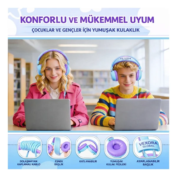VEXORA GLOBAL Type-C Kablolu Kulaklık, Mikrofonlu, Yumuşak Kulak Pedli, Ayarlanabilir Başlık, Katlanabilir Tasarım, Tablet Laptop Telefon Pc ile Uyumlu, Çocuk ve Yetişkin Için Kulaklık, Mavi-Mor - Mav - Görsel 5