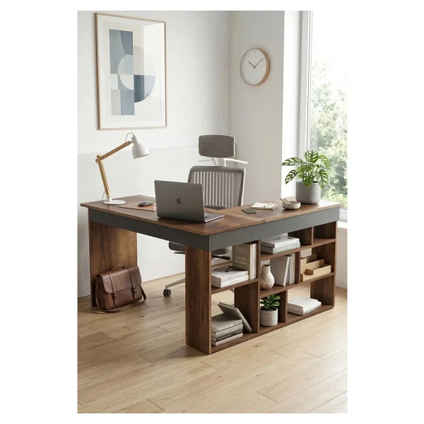 Robin Home Boston Kitaplık Raflı Çalışma Masası L Masa Ofis Çalışma Masası Barok-Antrasit - 50 x 72 cm - Kahverengi - Görsel 10
