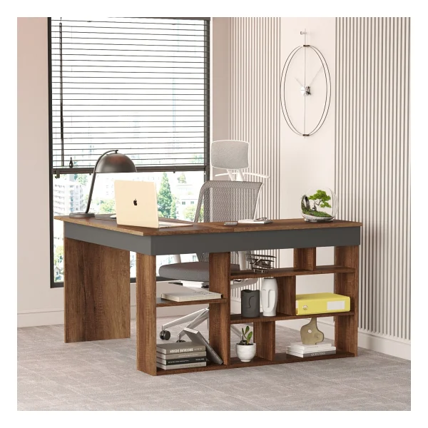 Robin Home Boston Kitaplık Raflı Çalışma Masası L Masa Ofis Çalışma Masası Barok-Antrasit - 50 x 72 cm - Kahverengi - Görsel 3