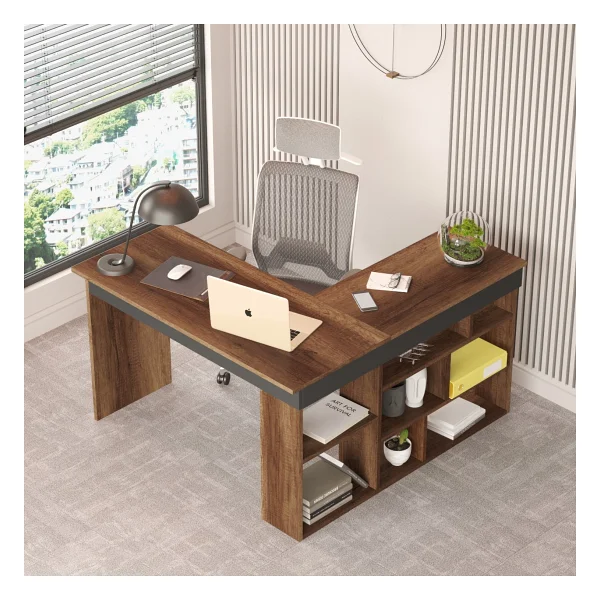 Robin Home Boston Kitaplık Raflı Çalışma Masası L Masa Ofis Çalışma Masası Barok-Antrasit - 50 x 72 cm - Kahverengi - Görsel 4