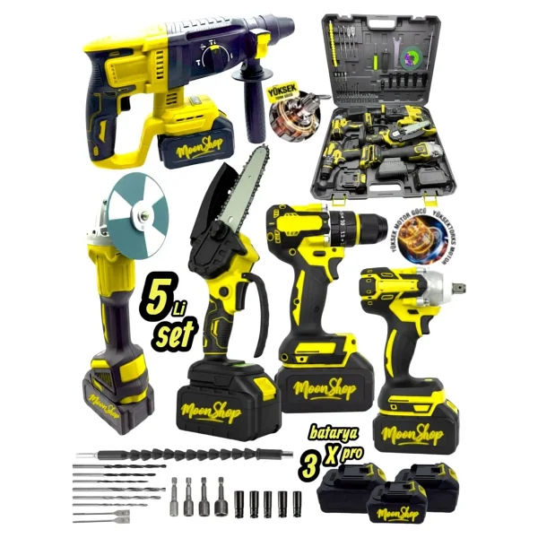 Moonshop Profesyonel Şarjlı Darbeli 5'li Set 2-26 Hilti 125mm Taşlama 13mm Matkap 650nm Somun Sökme Dal Budam - Görsel 7