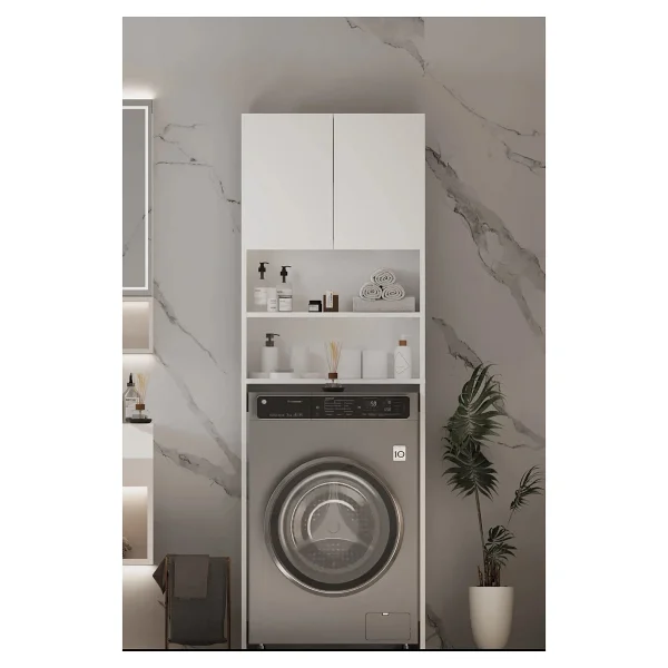 Plato Çamaşır Makinesi Dolabı 4 Raflı 2 Kapaklı Çamaşır Makinesi Dolabı Banyo Dolabı - Beyaz - Görsel 2