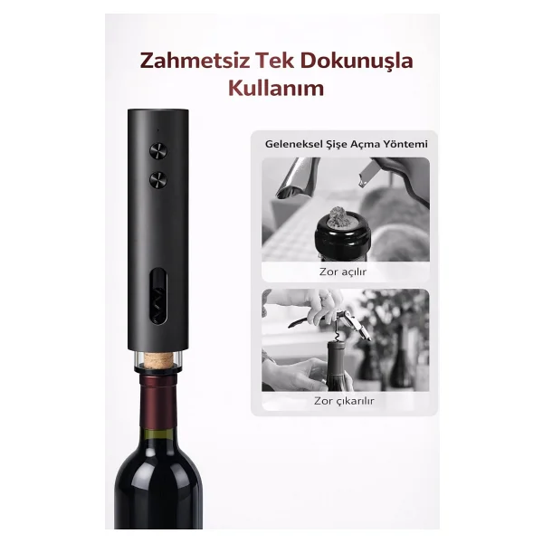 DVYEN Otomatik Şarjlı Elektrikli Şarap Açacağı- Tek Tuşla Mantarkaldırma - Elektrikli Tirbuşon - Görsel 4