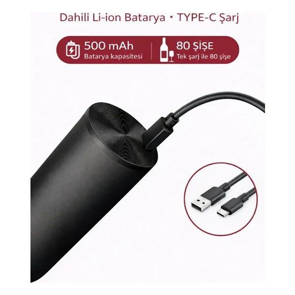 DVYEN Otomatik Şarjlı Elektrikli Şarap Açacağı- Tek Tuşla Mantarkaldırma - Elektrikli Tirbuşon - Görsel 6