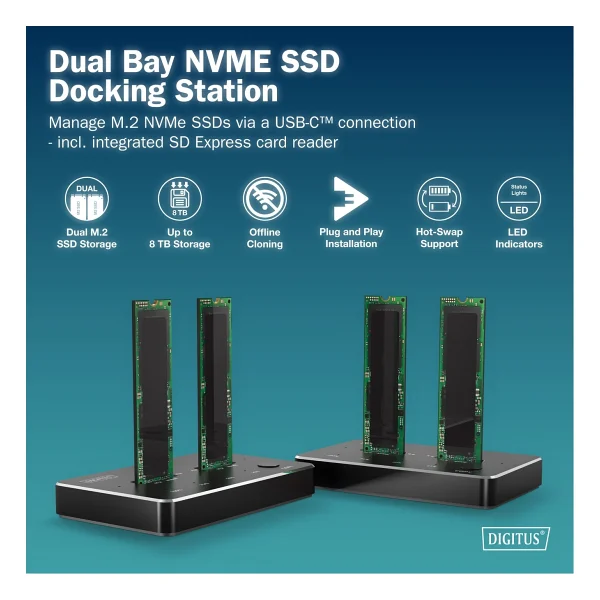 DIGITUS NVMe Klonlama İstasyonu 2xM.2 SSD USB-C 10Gbps SATA/NVMe Hot-Swap - Görsel 6