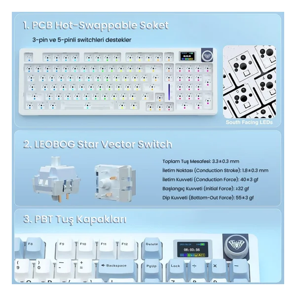 Aula S98 Pro Lacivert RGB %98 Star Vector Switch Kablolu/Kablosuz Mekanik Oyuncu Klavyesi - Görsel 6