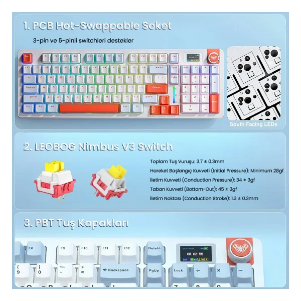 Aula S98 Pro Turuncu RGB %98 Star Vector Switch Kablolu/Kablosuz Mekanik Oyuncu Klavyesi - Görsel 6