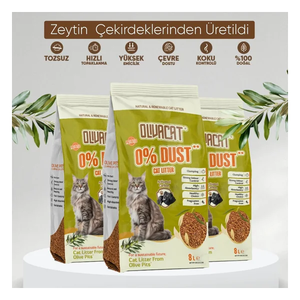 Olivacat Zeytin Çekirdeğinden Üretilen Aktif Karbonlu Tozsuz Doğal Kedi Kumu 8 L 3 Adet - Görsel 8