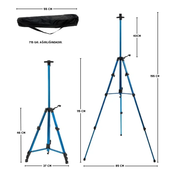 Temel Katlanabilir Alüminyum Tripod Şövale - Kollu Yükseklik Ayarlı, Su Terazili, Mavi - Görsel 3