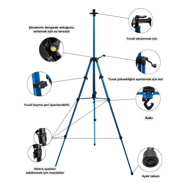 Temel Katlanabilir Alüminyum Tripod Şövale - Kollu Yükseklik Ayarlı, Su Terazili, Mavi - Görsel 4