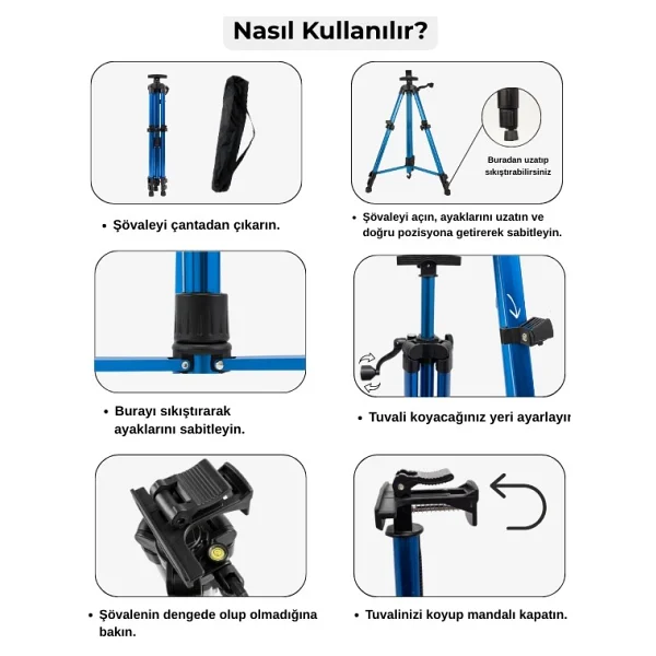 Temel Katlanabilir Alüminyum Tripod Şövale - Kollu Yükseklik Ayarlı, Su Terazili, Mavi - Görsel 5