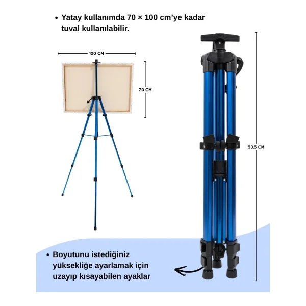 Temel Katlanabilir Alüminyum Tripod Şövale - Kollu Yükseklik Ayarlı, Su Terazili, Mavi - Görsel 6