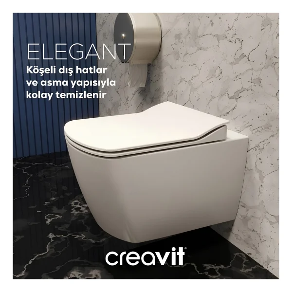 Creavit Elegant Kanalsız Asma Klozet Thermoplast Yavaş Kapak EG321, Terra Gömme Rezervuar Set - Beyaz - Görsel 2