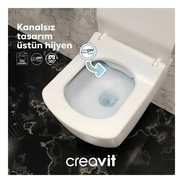 Creavit Elegant Kanalsız Asma Klozet Thermoplast Yavaş Kapak EG321, Terra Gömme Rezervuar Set - Beyaz - Görsel 3