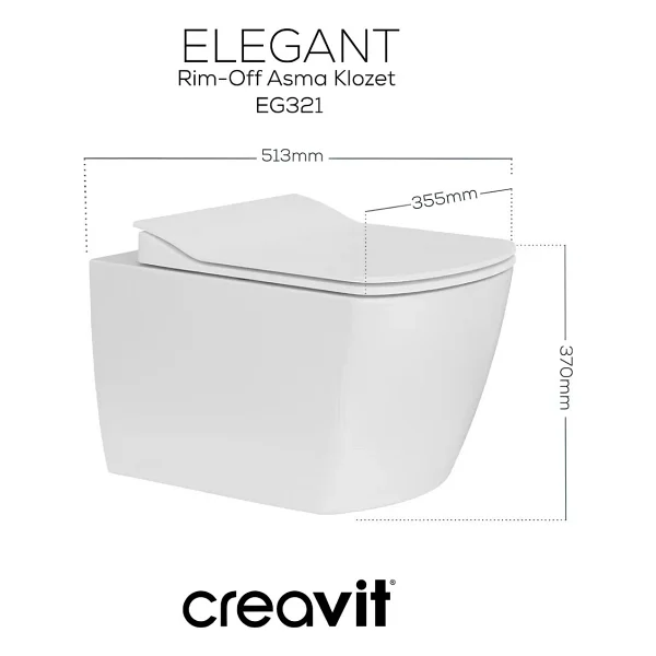 Creavit Elegant Kanalsız Asma Klozet Thermoplast Yavaş Kapak EG321, Terra Gömme Rezervuar Set - Beyaz - Görsel 4