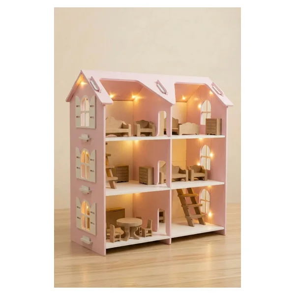 Hedefixtoys Ahşap Oyuncak Ev Pembe 3 Katlı Montessori Oyuncak Evi Ahşap Bebek Evi - Görsel 8
