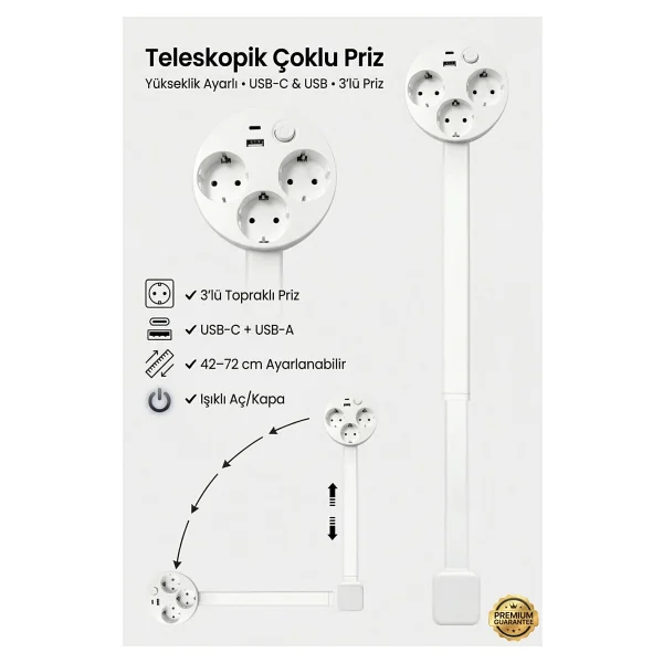 Teleskopik Masaüstü Çoklu Priz 3'lü Topraklı + USB-C & USB-A, Yükseklik Ayarlı, Işıklı Anahtarlı Uzatma Prizi - Görsel 9