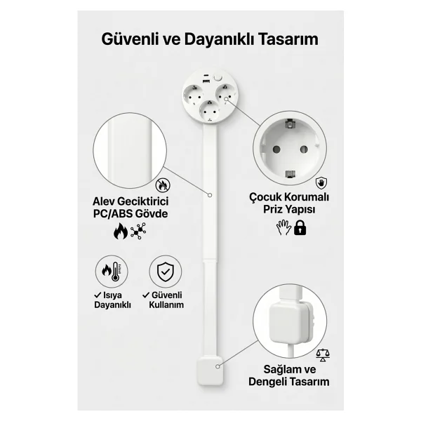 Teleskopik Masaüstü Çoklu Priz 3'lü Topraklı + USB-C & USB-A, Yükseklik Ayarlı, Işıklı Anahtarlı Uzatma Prizi - Görsel 3