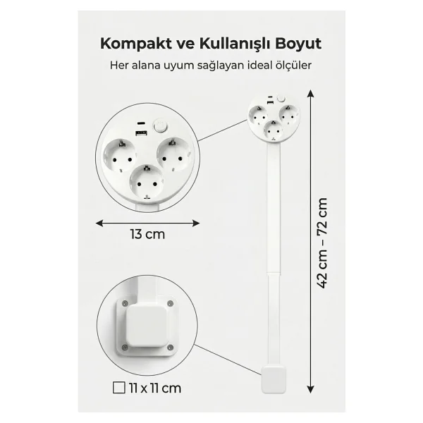 Teleskopik Masaüstü Çoklu Priz 3'lü Topraklı + USB-C & USB-A, Yükseklik Ayarlı, Işıklı Anahtarlı Uzatma Prizi - Görsel 4