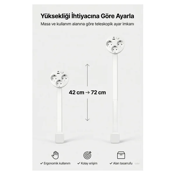 Teleskopik Masaüstü Çoklu Priz 3'lü Topraklı + USB-C & USB-A, Yükseklik Ayarlı, Işıklı Anahtarlı Uzatma Prizi - Görsel 5