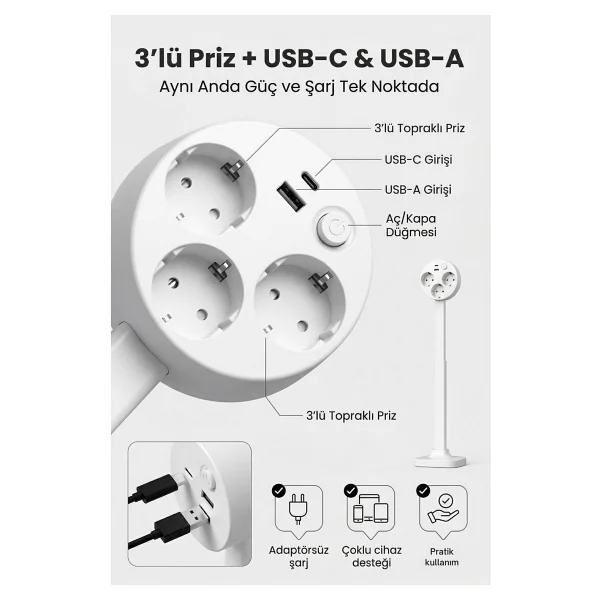 Teleskopik Masaüstü Çoklu Priz 3'lü Topraklı + USB-C & USB-A, Yükseklik Ayarlı, Işıklı Anahtarlı Uzatma Prizi - Görsel 6
