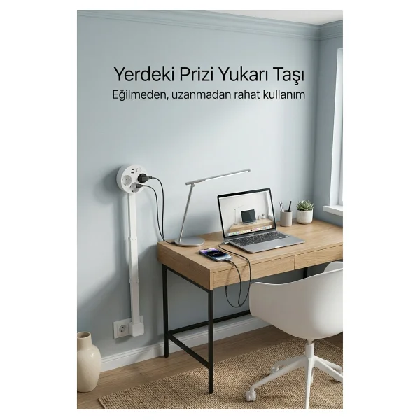 Teleskopik Masaüstü Çoklu Priz 3'lü Topraklı + USB-C & USB-A, Yükseklik Ayarlı, Işıklı Anahtarlı Uzatma Prizi - Görsel 7