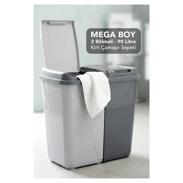 Meleni Home 90 Lt Iki Bölmeli Kirli Çamaşır Sepeti - Mega Duo Banyo Çamaşır Sepeti Renkliler & Beyazlar Antrasit - Görsel 5