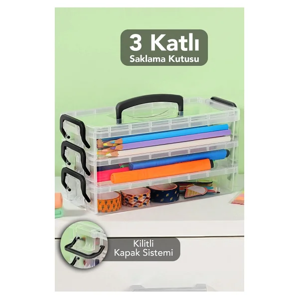 Meleni Home 3 Katlı Organizer Saklama Kutusu - Kilitli Kapak Şeffaf Çok Amaçlı Masaüstü Düzenleyici Kutu - Beyaz - Görsel 6