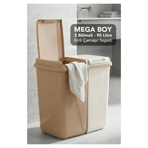 Meleni Home 90 Lt Iki Bölmeli Kirli Çamaşır Sepeti - Mega Duo Banyo Çamaşır Sepeti Renkliler & Beyazlar Antrasit - Görsel 6