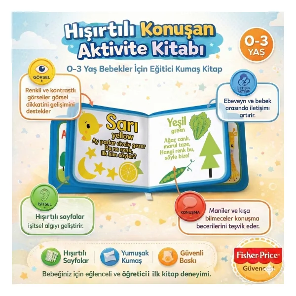 Fisher-Price Konuşturan Bebek Kitabı Hışırtılı Sesli, Duyusal, Zeka Gelişim 0-3 Yaş Kitap Eğitim Seti (Renkler) - sayılar - Mavi - Görsel 2
