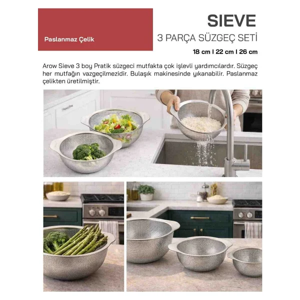 Arow Sieve 3 Parça Paslanmaz Çelik Süzgeç Seti TR-6665 - Görsel 3