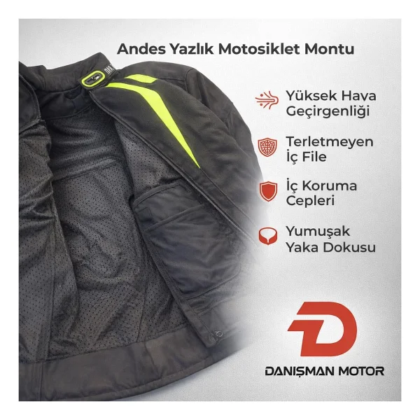 Andes Tech-Touring Yazlık Fileli Motosiklet Montu - Siyah/fosforlu Sarı - XS - Görsel 3