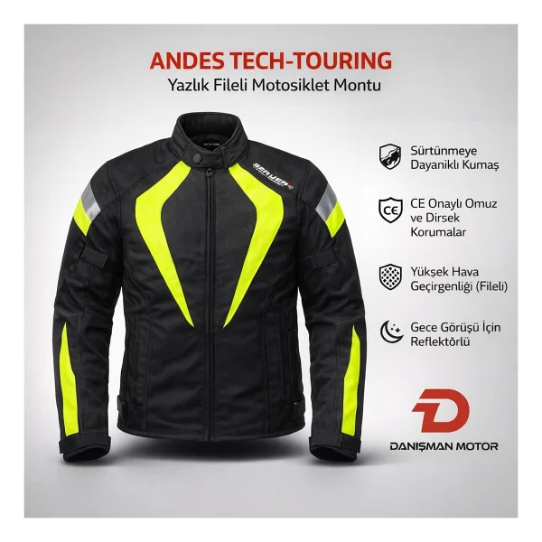 Andes Tech-Touring Yazlık Fileli Motosiklet Montu - Siyah/fosforlu Sarı - XS - Görsel 4