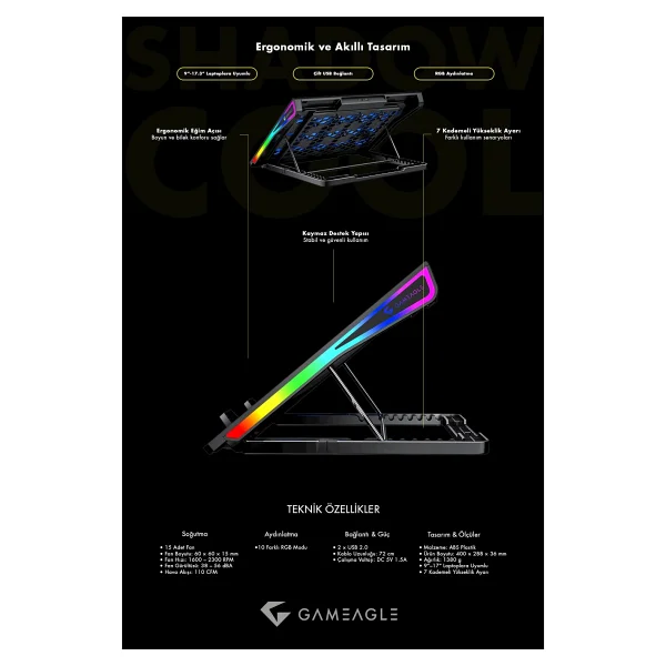 Gameagle Shadow Cool GT15 RGB 15 Fanlı 17.3" Laptop Soğutucu - Görsel 3