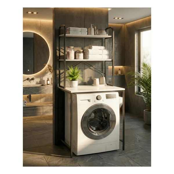 GOLDFALEZ Çamaşır Makinesi Dolabı 2 Katlı Geniş Depolama Raf Ünitesi Metal Banyo Organizer Standı 260Siyah - Görsel 7