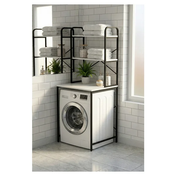 GOLDFALEZ Çamaşır Makinesi Dolabı 2 Katlı Geniş Depolama Raf Ünitesi Metal Banyo Organizer Standı 260Siyah - Görsel 2
